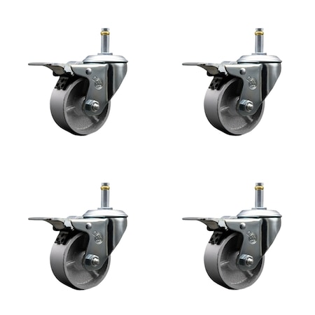 Service Caster Semi Steel Swvl Grip Ring Caster Set 4 w/3'' Wheel&7/16'' Stem-4 Swvl w/TTL BRK, 4PK SCC-GRTTL20S315-SSR-716138-4